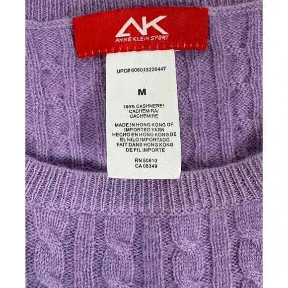 Anne Klein 100% Cashmere Lavender Purple Cable Knit Crew Neck Sweater Size Med - Picture 3 of 5